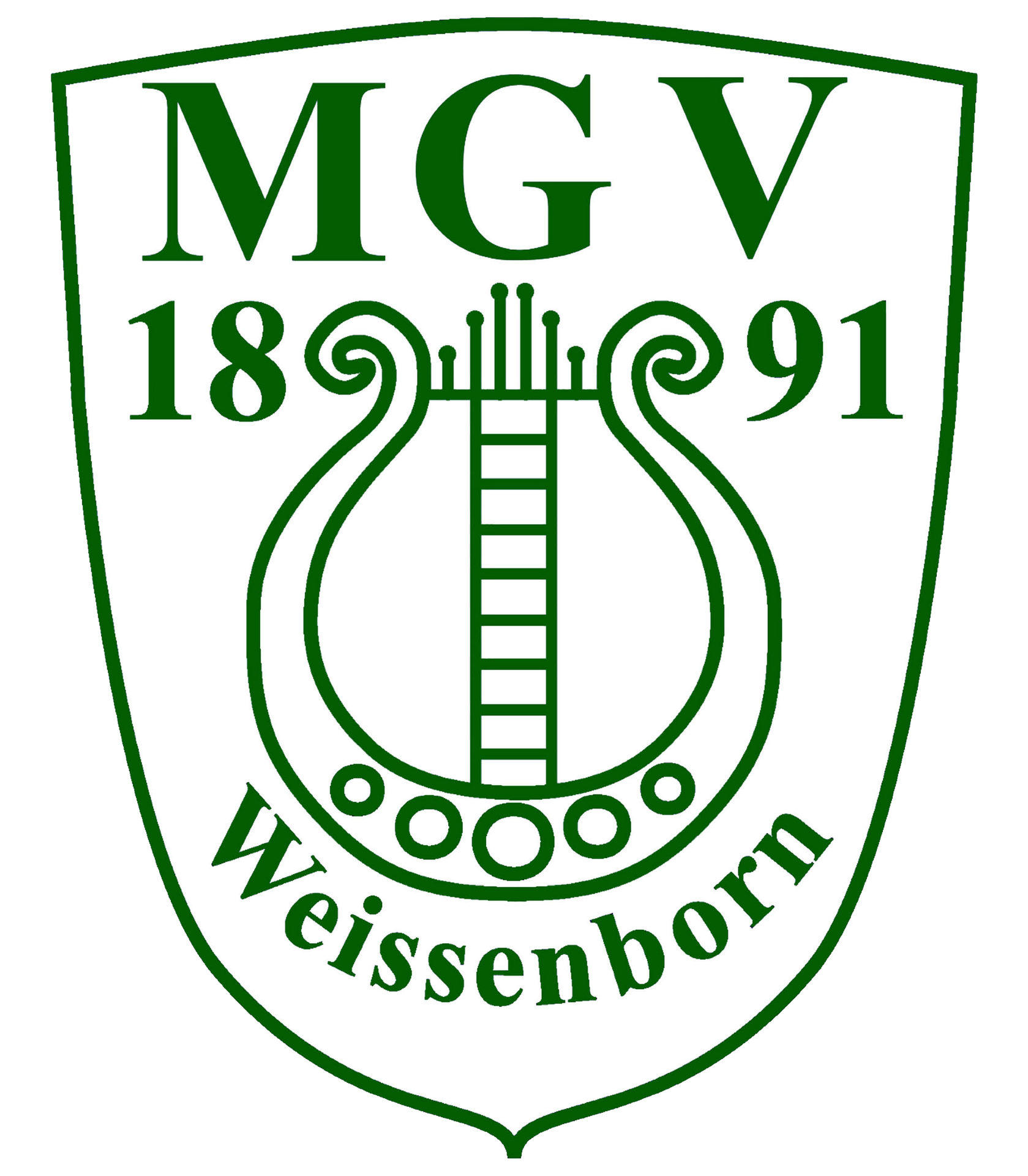 Ein grünes Wappen zeigt eine Lyra mit der Aufschrift "MGV 1891 Weissenborn".