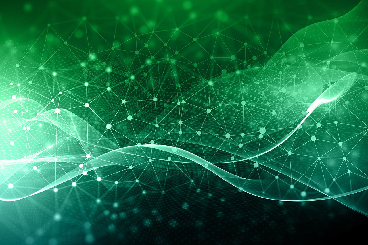 Grüne digitale Netzwerkgrafik mit Wellenlinien und Verbindungspunkten, die ein futuristisches Datenkonzept darstellen.