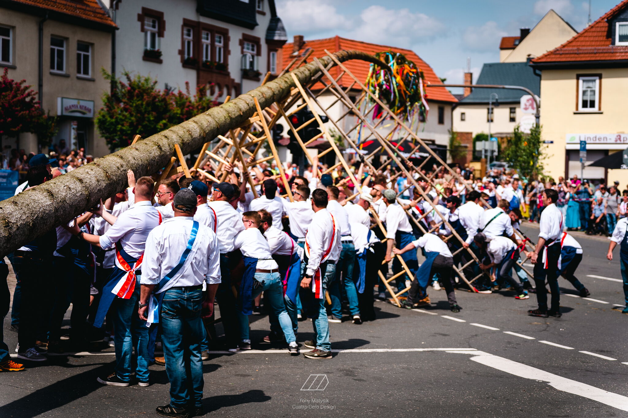 Eine Gruppe von Menschen hebt gemeinsam einen geschmückten Maibaum in einem festlichen sozialen Ereignis auf.