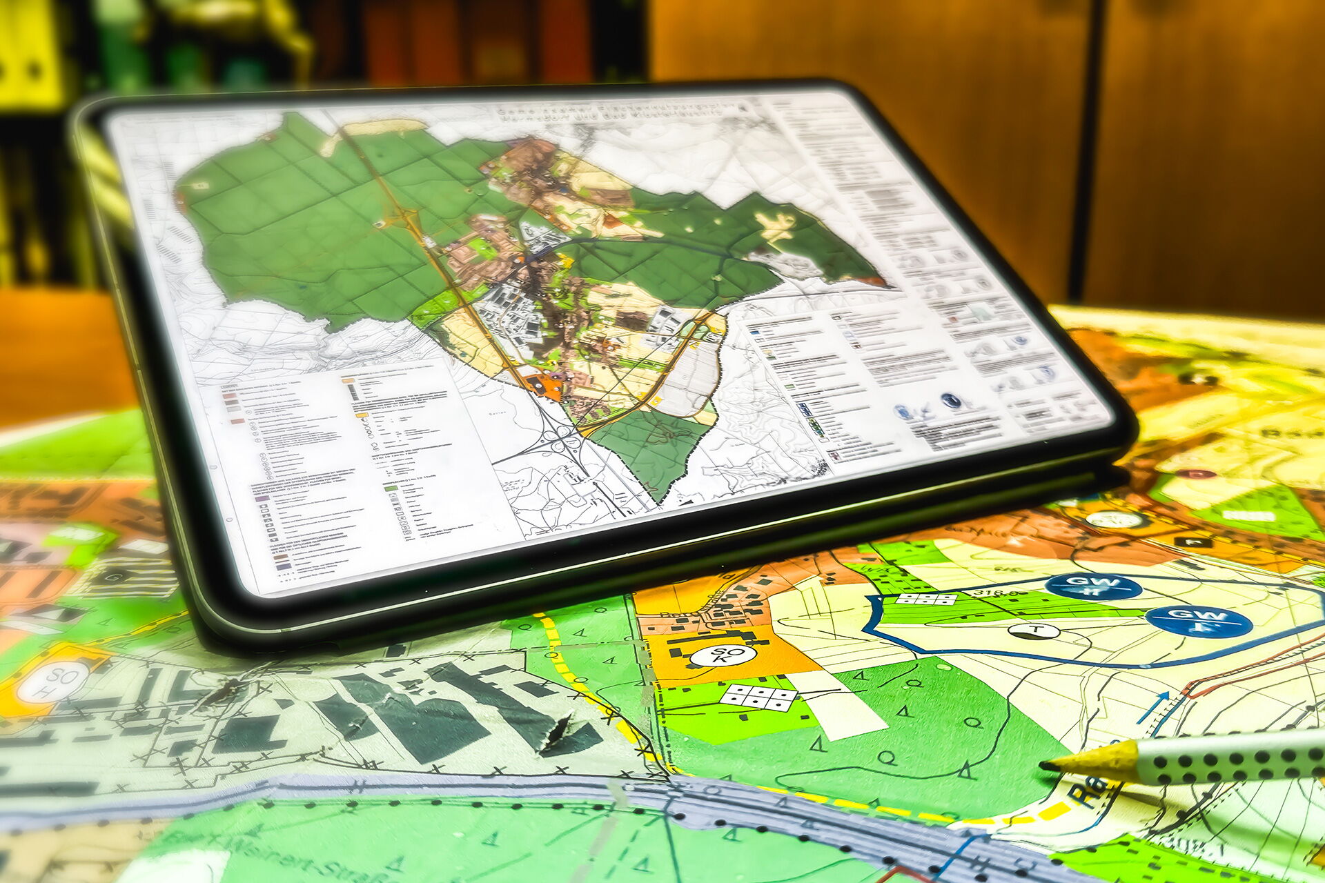Ein Tablet zeigt eine detaillierte Bauleitplanung, die auf einem Tisch mit weiteren Karten liegt