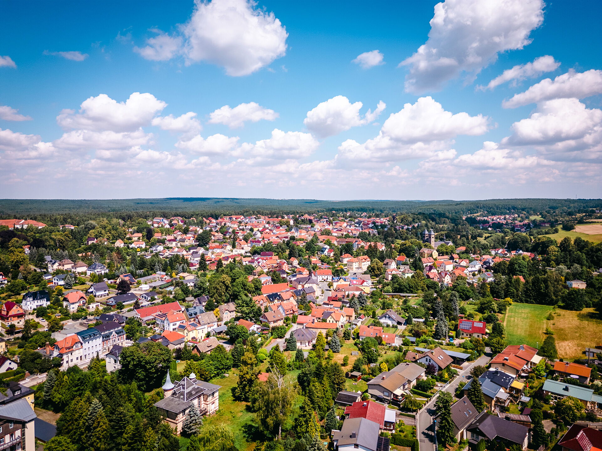 Luftaufnahme von Bad Klosterlausnitz zeigt eine idyllische Stadtlandschaft mit roten Dächern und grünen Wäldern im Hintergrund.