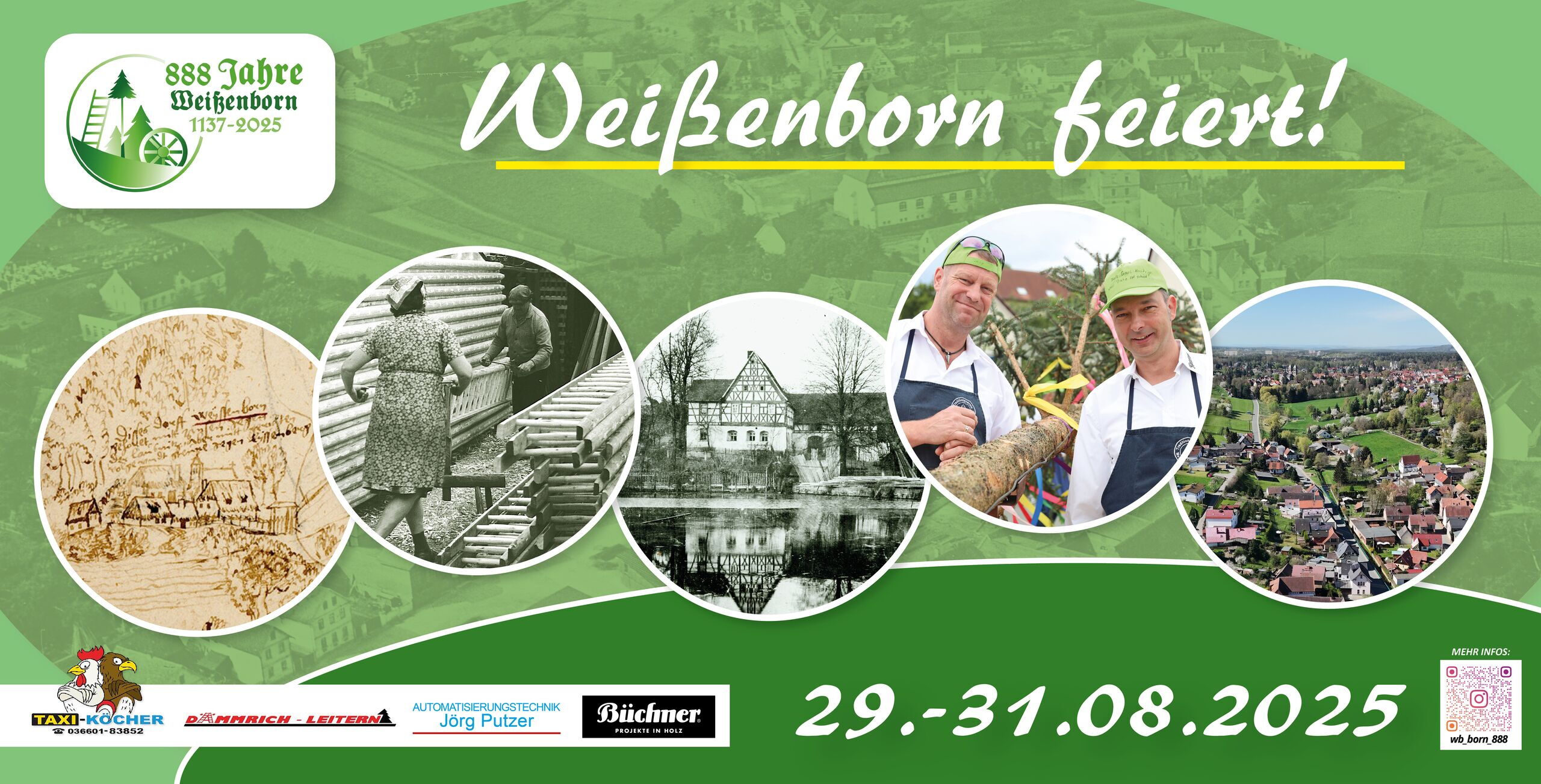 Ein Jubiläumsbanner feiert 888 Jahre Weißenborn mit historischen und modernen Bildern, datiert für den 29.-31.08.2025.