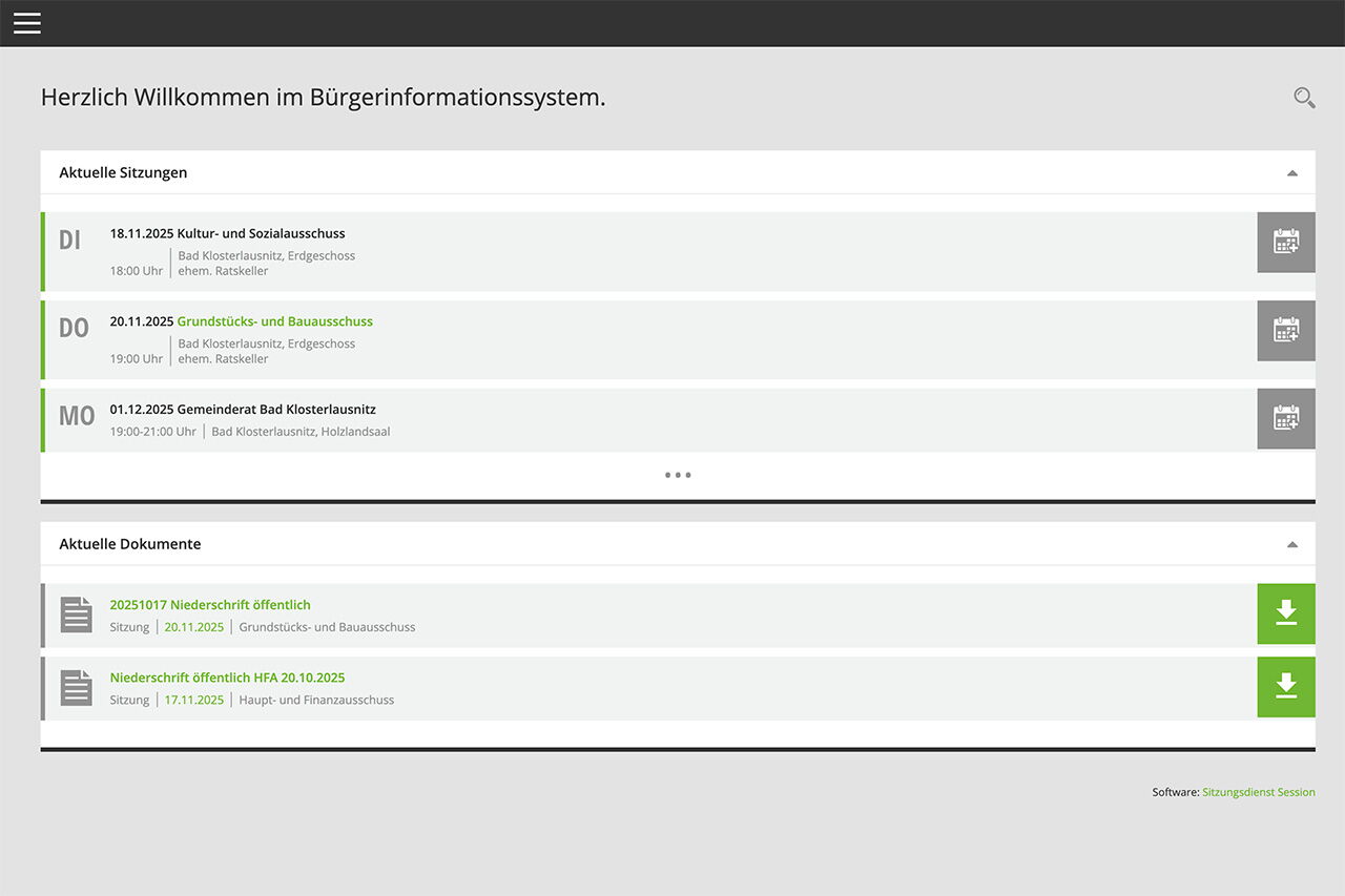 Screenshot: Das Bürgerinformationssystem zeigt aktuelle Sitzungen und Dokumente mit Download-Optionen an.