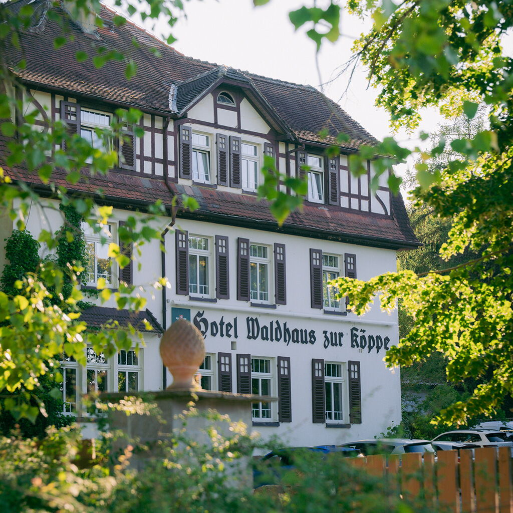 Ein traditionelles Fachwerkhotel, das Hotel Waldhaus zur Köppe, umgeben von grüner Natur und sonnigem Licht.